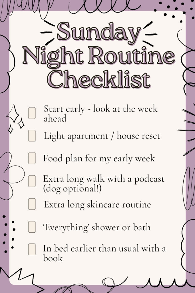 Purple and Cream llustration depicting various routine ideas for a Sunday reset